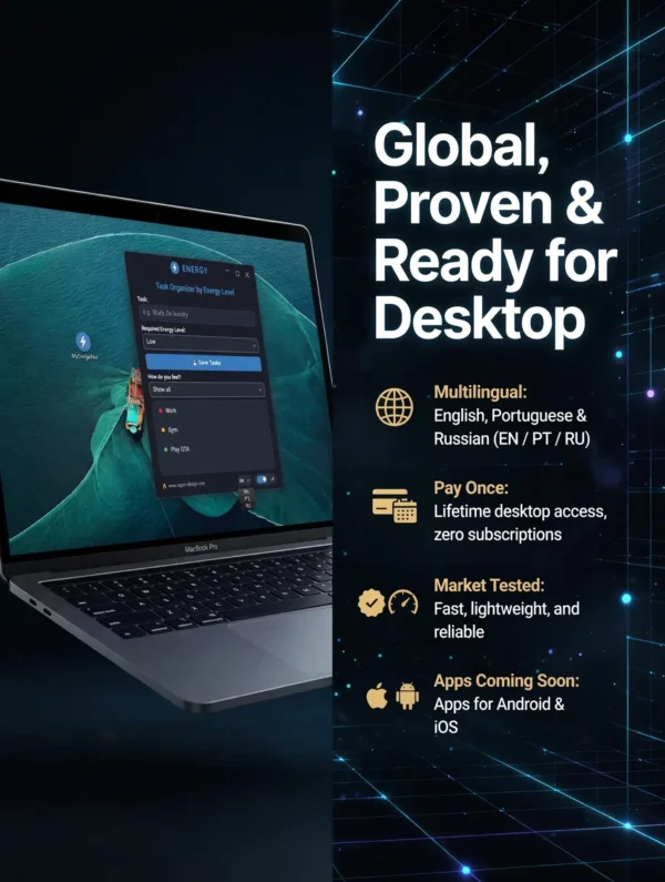 My Energy Tasks software interface showing language selection EN PT RU and Dark Mode