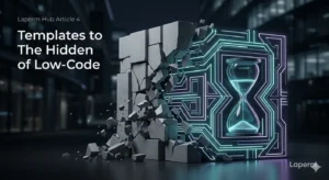 Abstract geometric blocks breaking apart to reveal neon circuit lines representing the shift from low-code to custom software development