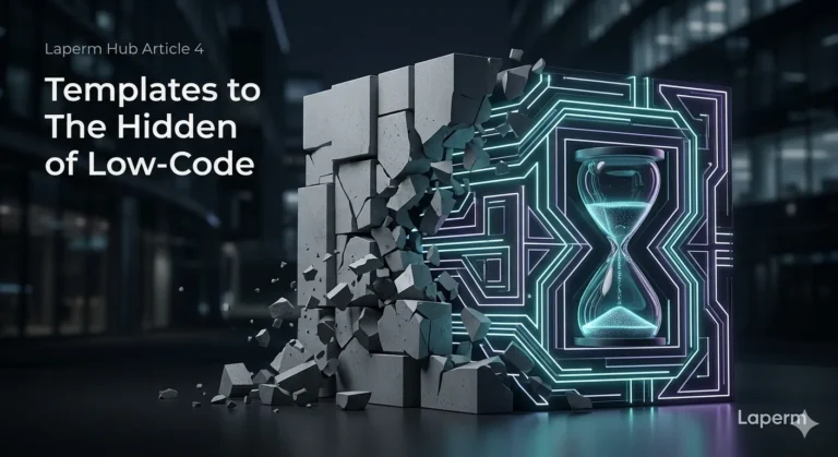 Abstract geometric blocks breaking apart to reveal neon circuit lines representing the shift from low-code to custom software development