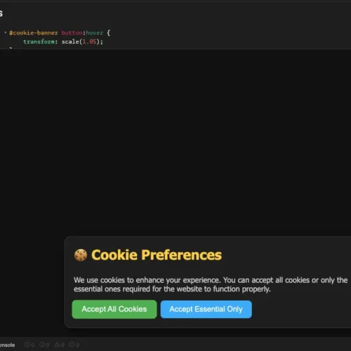 Cookie consent HTML code UI component for GDPR compliant website banner with dark interface design