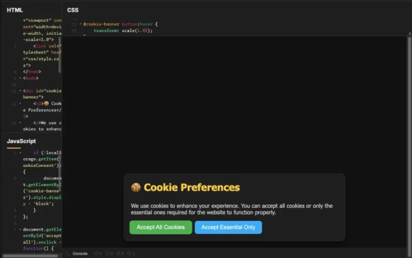 Cookie consent HTML code UI component for GDPR compliant website banner with dark interface design