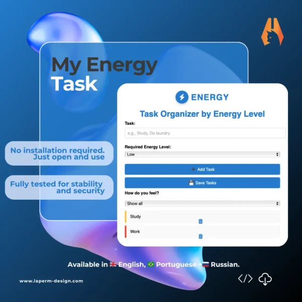 My Energy Tasks software dashboard for organizing daily tasks based on user energy levels and task intensity