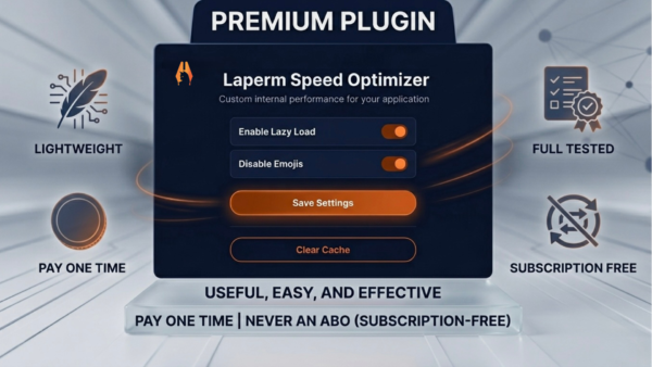 Laperm Speed Optimizer dashboard showing premium lightweight performance settings for WordPress.